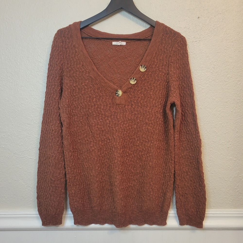 Maurices Sweater Zig Zag Semi Sheer Knit Button V Neck Burnt Orange Fall Medium